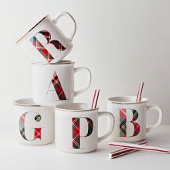 Pottery Barn White Red Stewart Plaid Alphabet Monogram S Stoneware Holiday Mug - Picture 2 of 13